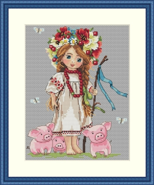 MK43 Shepherd Girl 5.9"x7.8"; Aida, Blue-Grey; 16 Count Merejka Cross Stitch Kit