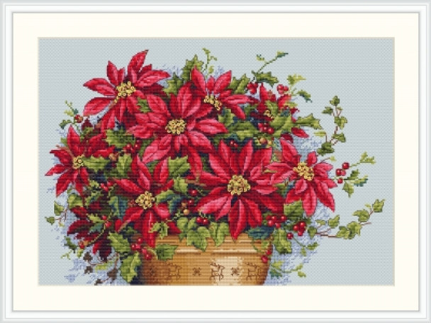 MK132 Poinsettia 13.7"x9.4"; Aida, Ice Blue; 16  Count Merejka Cross Stitch Kit