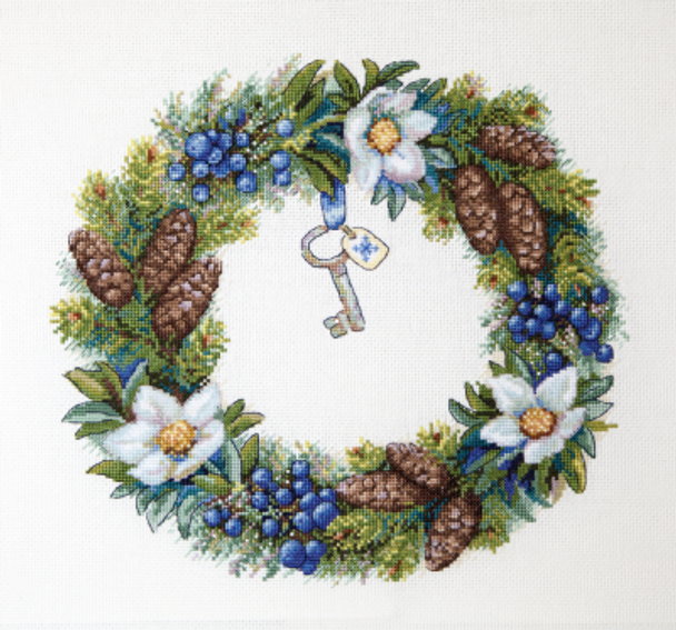 MK104 Winter Wreath 11"X9.6"; Aida, White; 16 Count Merejka Cross Stitch Kit