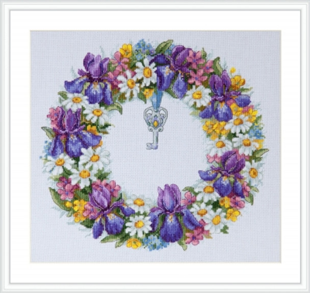 MK108 Wreath with Irises 9.8"X10.2"; Aida, White; 16 Count Merejka Cross Stitch Kit