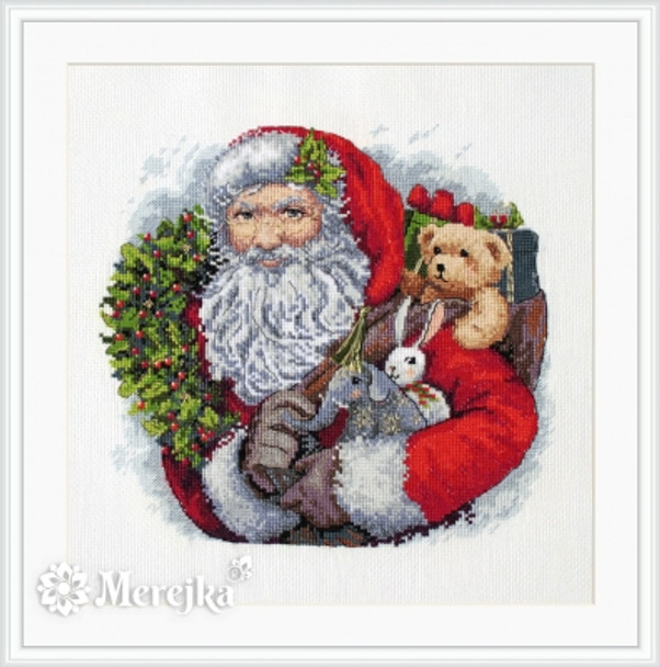 MK133 Santa with Wreath  8" X 8"; White Aida; 16 Count Merejka Cross Stitch Kit