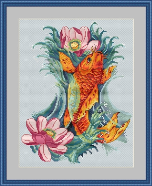 MK5 Golden Koi 10.2"x12.6"; Aida, Blue; 14   Count Merejka Cross Stitch Kit