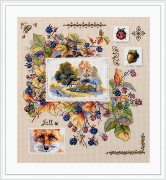 MK131 Autumn Sampler 11.8"x12.6"; Aida, Cappuccino + Ecru; 16  Count Merejka Cross Stitch Kit