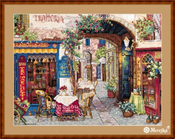 MK161 Cafe In Verona 11.8" X 15.7"; Ecru Aida; 16 Count Merejka Cross Stitch Kit