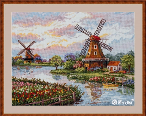 MK167 Dutch Windmills 11.8" X 15.7"; Ice Blue Aida; 16 Count Merejka Cross Stitch Kit