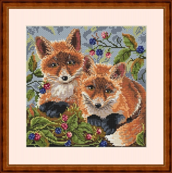 MK44 Foxes 7"x7"; Aida, Blue-Grey; 16 Count Merejka Cross Stitch Kit