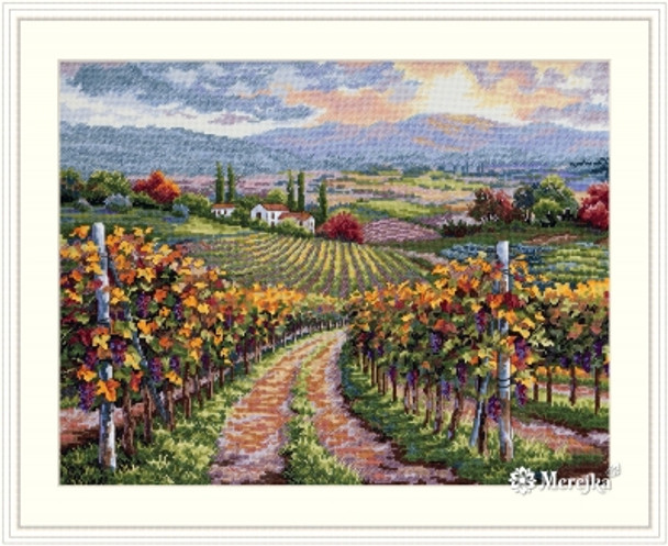 MK164 Vineyard Hill 11.8" X 15.7"; Ecru Aida; 16 Count Merejka Cross Stitch Kit