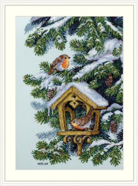 MK152 Robins 9.8" X 14.1"; Ice Blue Aida; 16  Count Merejka Cross Stitch Kit