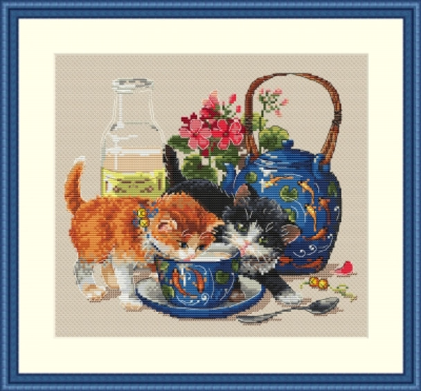 MK66 Kittens & Milk 9"X7.8"; Aida, Ecru; 16 Count Merejka Cross Stitch Kit