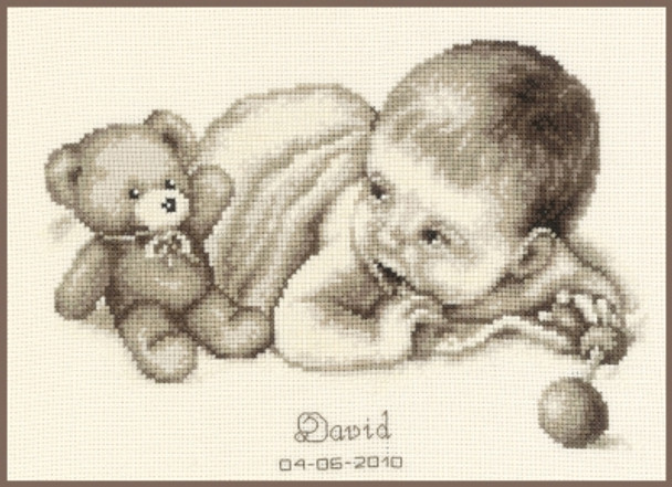 PNV12148 Baby & Teddy Moment 10.4" x 7.6"; Aida; 14ct  Vervaco Counted cross stitch kit