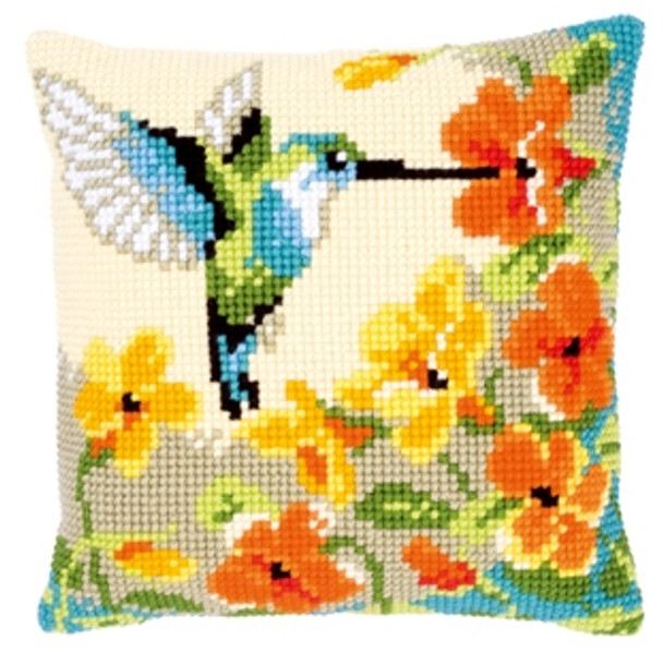 PNV144080 Hummingbird with Flowers Cushion 16" x 16"; Large Hole Canvas 100% Cotton; 4.5ct  Vervaco Counted cross stitch kit
