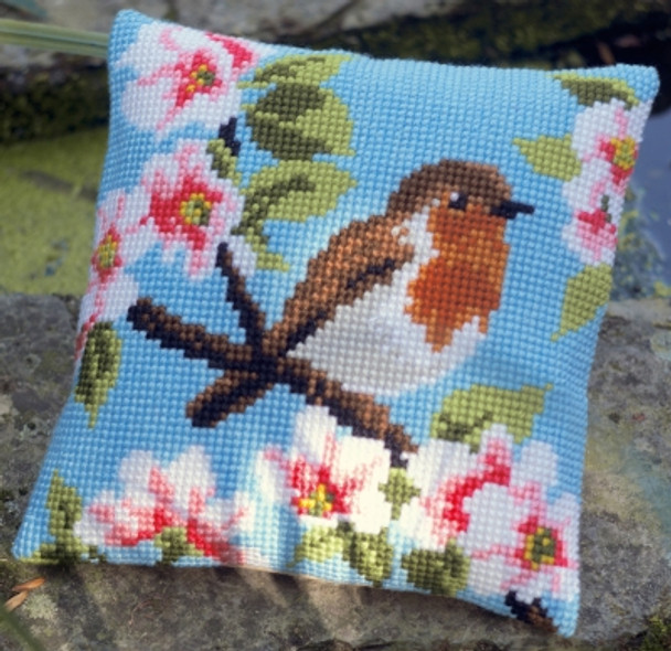 PNV162393 Vervaco Cross stitch kit Robin & Blossoms Cushion