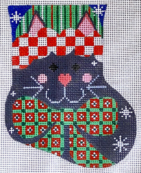 CH-702 Black Cat with Bow Mini Stocking 4 x 5 18 Mesh CH Designs