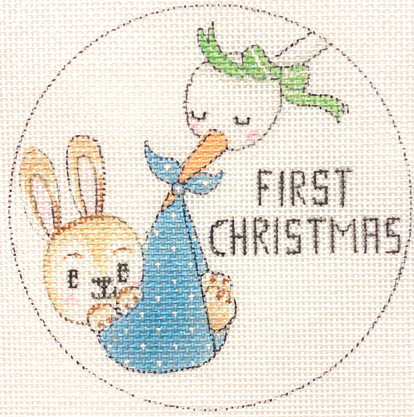 APX471 STORK & BABY BOY BUNNY FIRST XMAS  4” Round 18 Mesh Alice Peterson Designs