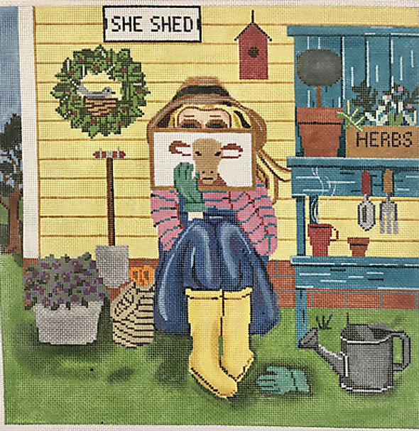 GEP334 GARDENING STITCHING GIRL 11 x 11 18 Mesh Gayla Elliott