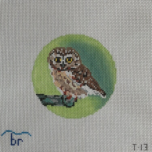 T13 "Rocky" - Saw Whet Owl 4.25" round 14 Mesh Blue Ridge Stitchery