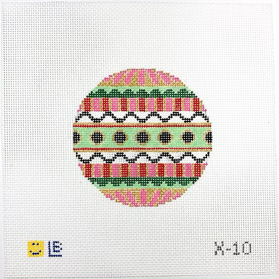 X-10 Black Circles on Green Stripe - Round, 13 mesh 4.5" round  13 Mesh LAUREN BLOCH DESIGNS