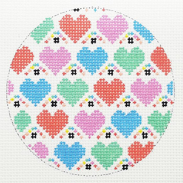 BJ229 Colorful Hearts Hand-painted canvas - 18 Mesh 3in. ROUND