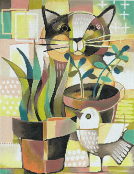 KS-19 Cat and Bird aloe 9x13 18 Mesh KEN SWINSON Meredith Collection