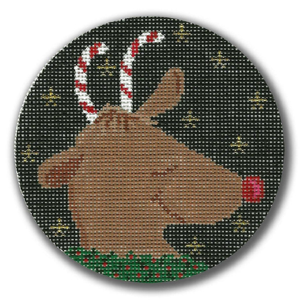 GD-XO 21 Reindeer w/Candy Cane Antlers 4.5” rd 18 Mesh Ornament Ginny Diezel
