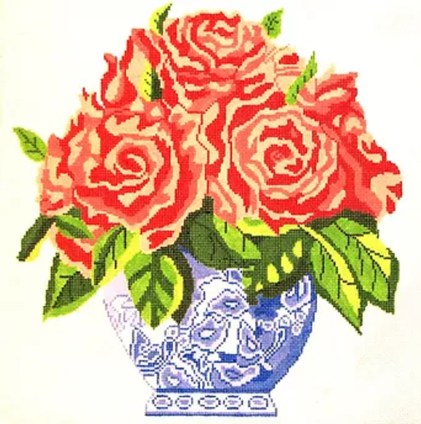 108a Jean Smith Designs Large Blue Vase Of Roses Coral 14" Square 13  mesh