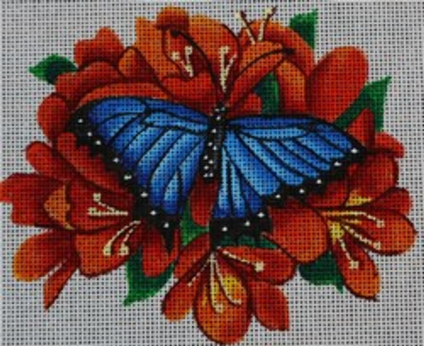 R313	5.5 x 4.5 Blue Butterfly with Orange Flowers 18 Mesh Robbyn's Nest Designs