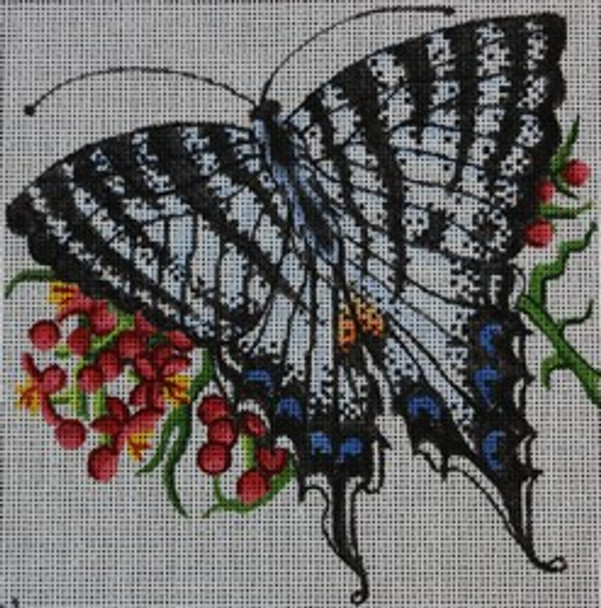 R314	6.25 x 6	 Blue/White/Black Butterfly w Red Flowers	18 Mesh Robbyn's Nest Designs