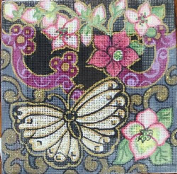 R857	6 x 6 Butterfly w/ flowers on black background 18 Mesh Robbyn's Nest Designs