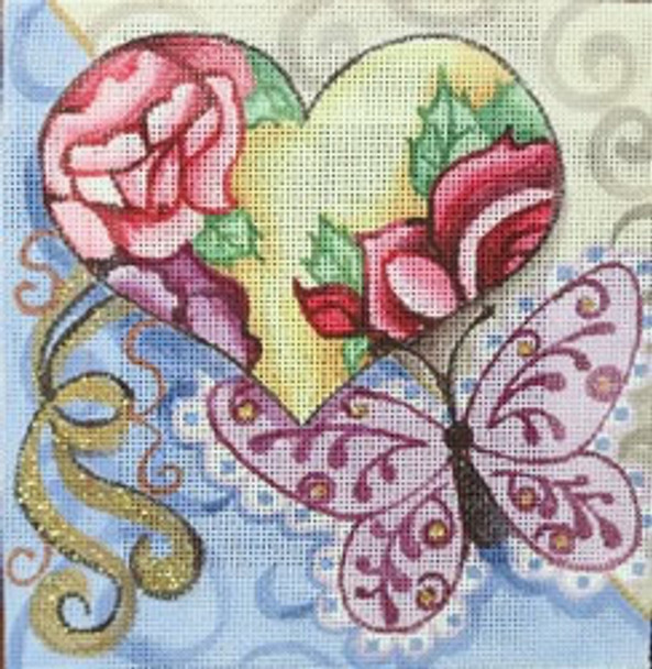 R918	6 x 6	pink butterfly w/ roses and yellow heart 18 Mesh Robbyn's Nest Designs