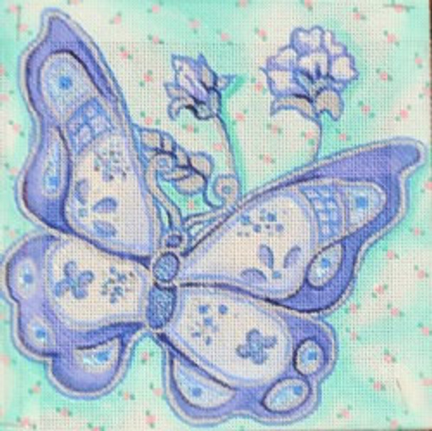 R899  6.5 x 6.5 Green Background w/ Blue butterfly 18 Mesh Robbyn's Nest Designs