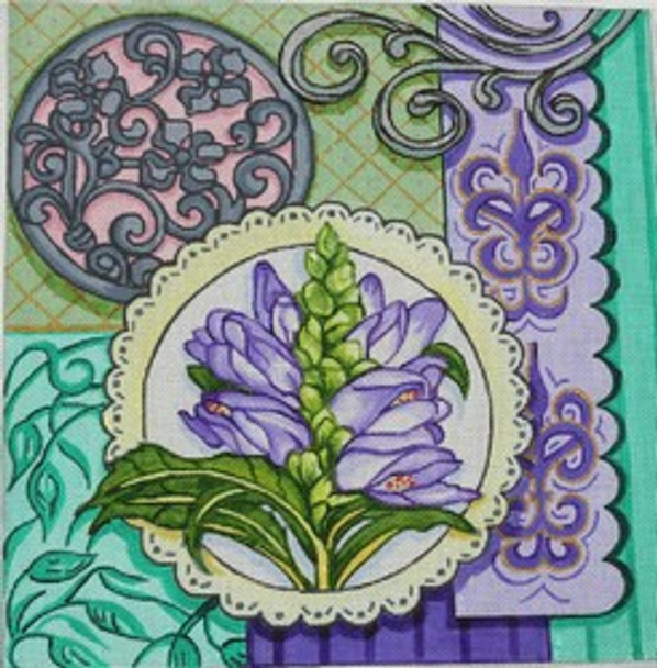 R936 Purple flower w/ green and patchwork background 12 x 12 18 Mesh Robbyn's Nest Designs