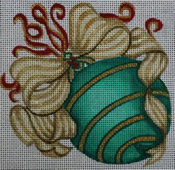 R293 Green and gold ornament w/ gold and red bow 6.5 x 6.5 	18 Mesh Robbyn's Nest Designs