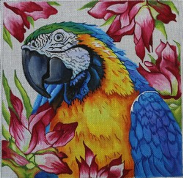 R304 Parrot w/ Floral Background 10 x 10 	18 Mesh Robbyn's Nest Designs