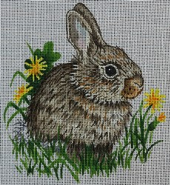 R308 Bunny with dandelions 7 x 6 18 Mesh Robbyn's Nest Designs