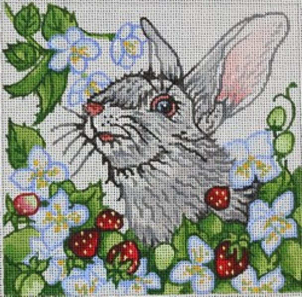 R989 White Bunny in Strawberry Field 6 x 6 18 Mesh Robbyn's Nest Designs