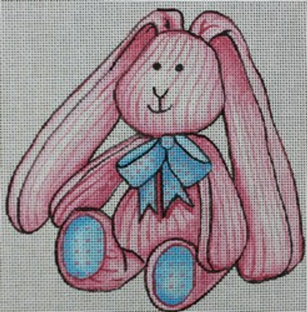 R583 pink and white striped bunny w/ blue bowtie and feet 6 x 6 18 Mesh Robbyn's Nest Designs