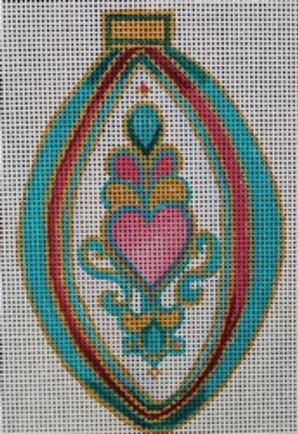 R605 Turquoise/Red Ornament with Hearts 3.25 x 5	18 Mesh Robbyn's Nest Designs