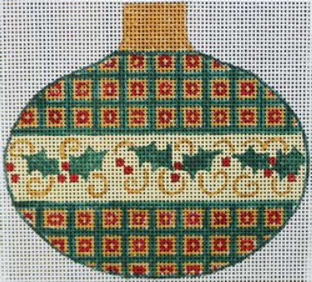 R643 Green/Gold Ornament w/ Holly	4.5 x 4 18 Mesh Robbyn's Nest Designs