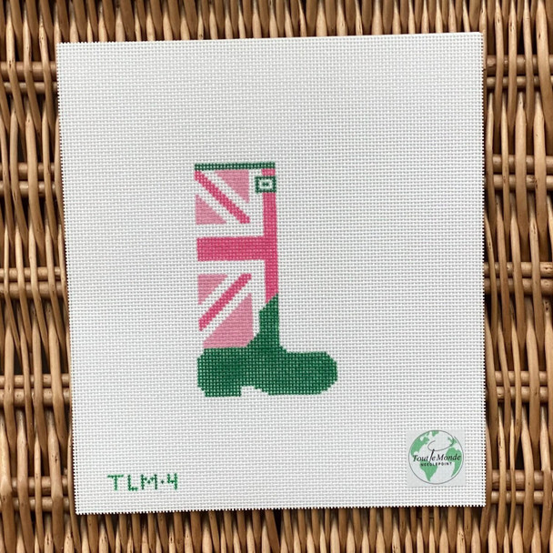 TLM‐4 Union Jack Wellie ‐ Fuschia.Pink.Green 2 3/8”W x 4”H 18 Mesh Tout le Monde Needlepoint, LLC