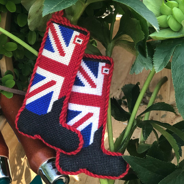 TLM‐6 Union Jack Wellie ‐ Red.Royal, Blue, Charcoal 2 3/8”W x 4”H 18 Mesh Canvas Only, Shown Finished Tout le Monde Needlepoint, LLC