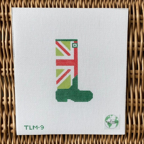 TLM‐9 Union Jack Wellie ‐ Holiday Red and Greens 2 3/8”W x 4”H 18 Mesh Tout le Monde Needlepoint, LLC
