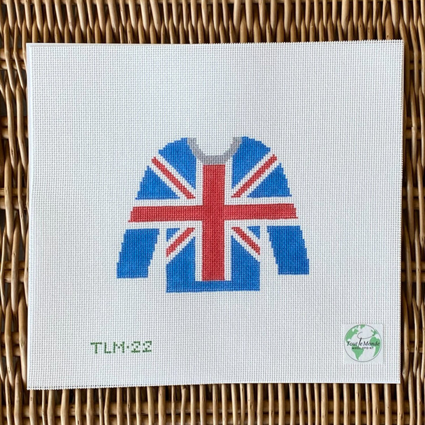 TLM‐22 Union Jack Sweater ‐ Red.BrightBlue.Silver 5”W x 4”H 18 Mesh Tout le Monde Needlepoint, LLC