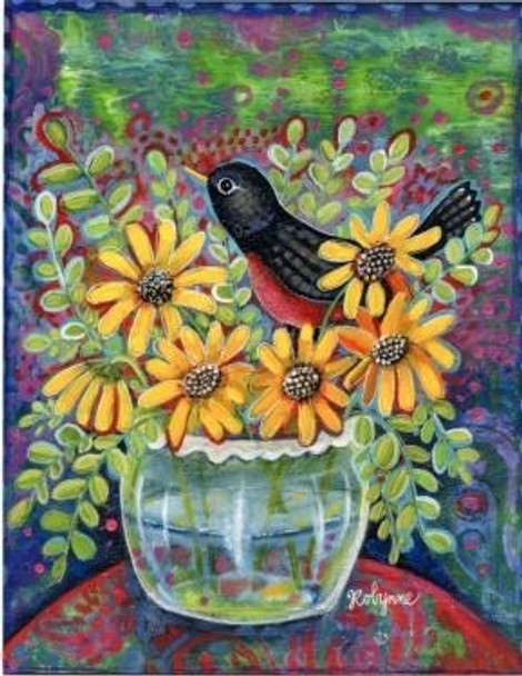 600 series:  605 Folk Art Bird & Flowers 8 x 10 13 Mesh Robynne's Nest Artworks/Robynne Engle-Pirkle Tango & Chocolate