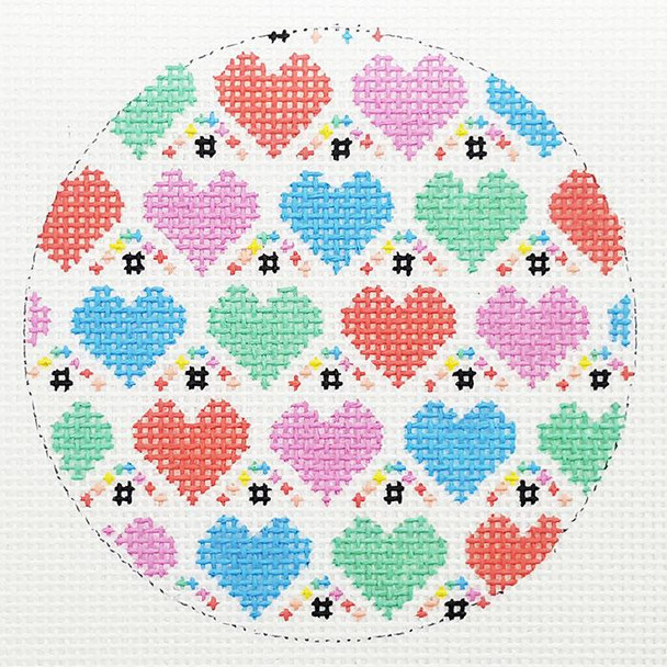 BJ229 Colorful Hearts Lee's Needle Arts By Vicky Yorke 3" Round - 18 Mesh