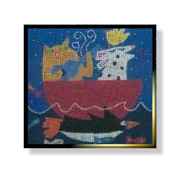 NC113A Water Music: Cat & Dog 7.5 x 7.5 18 Mesh With Stitch Guide  DESIGNS BY NANCY COFFELT Quail Run Designs