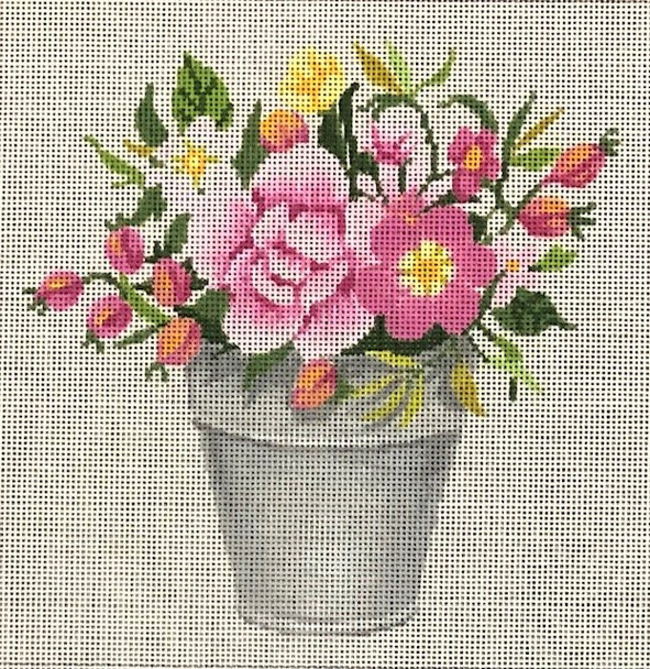 ASIT467 Pink Flowers in Pail 7 X 7 18 Mesh A Stitch In Time