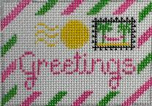 RD 344 Pink & Green Greetings Insert  2"x3" 18 Mesh Rachel Donley Needlepoint Designs