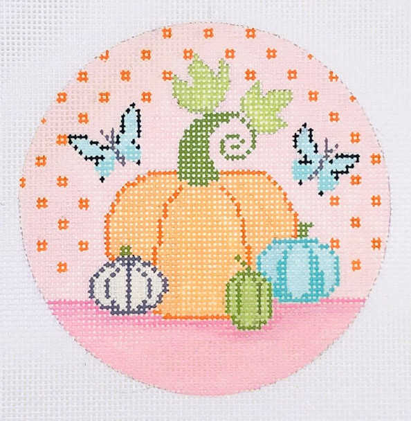 N132 Pumpkin Spice Ornament - Pink Background 4" round 18 Mesh EyeCandy Needleart