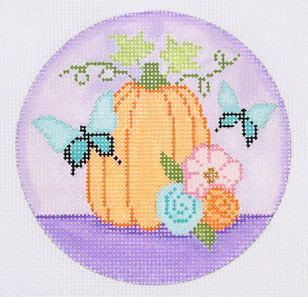 N132B Pumpkin Spice Ornament - Violet Background 4" round 18 Mesh EyeCandy Needleart