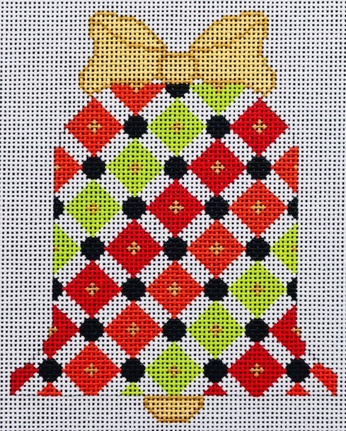 CH415D Red/Green w/ Black & White - Bell Merry All Over 4.5 x 4.75 Mesh EyeCandy Needleart